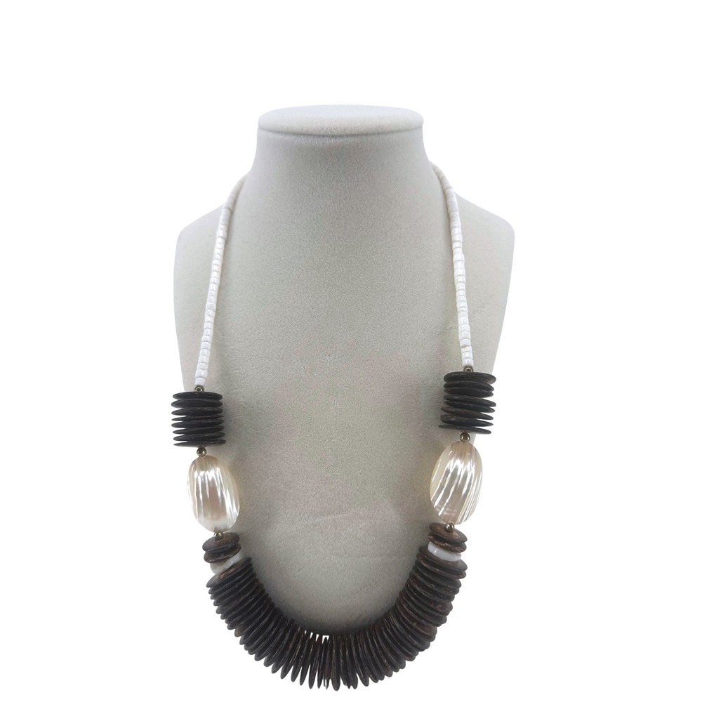Vintage Wood Disc Shell Bead Statement Necklace‎ Brown Cream Boho